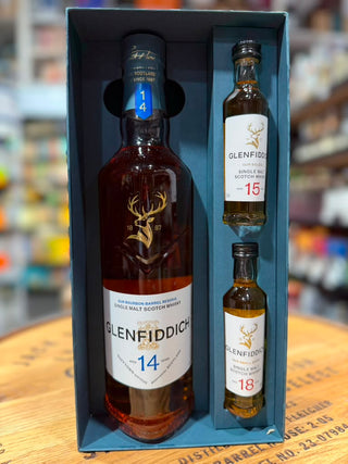 Glenfiddich 14 Year Single Malt Scotch Whisky 750ml Gift Set with 15 Year & 18 Year Miniatures (50ml Each)