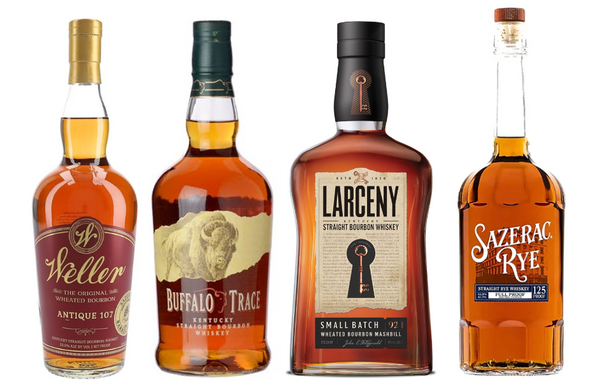 Weller Antique 107 Store Pick, Buffalo Trace, Larceny Small Batch & Sazerac Rye 125 Proof Whiskey Bundle (4 × 750 ml).
